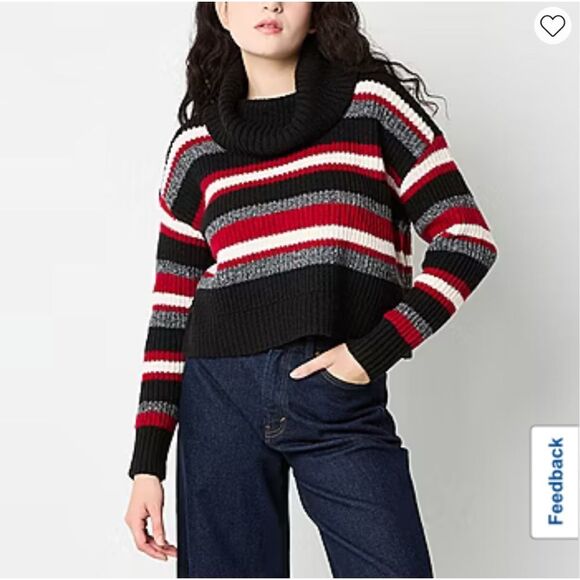 NWT BY&BY Women’s Sweater XXL Black Red Gray Stripe Cowl Neck Drop Shoulder - Picture 1 of 16